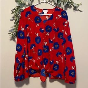 Red floral tie front blouse XL
